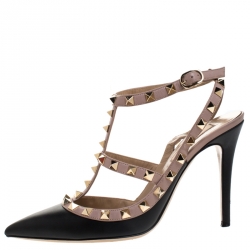 Pre Owned Valentino Black/Beige Leather Rockstud Ankle Strap Sandals Size 37