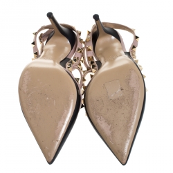 Pre Owned Valentino Black/Beige Leather Rockstud Ankle Strap Sandals Size 37