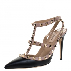 Pre Owned Valentino Black/Beige Leather Rockstud Ankle Strap Sandals Size 37