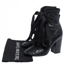 Pre Owned Valentino Black Crumpled Leather Lace Up Boots Size 37.5