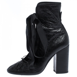 Pre Owned Valentino Black Crumpled Leather Lace Up Boots Size 37.5