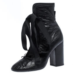 Pre Owned Valentino Black Crumpled Leather Lace Up Boots Size 37.5