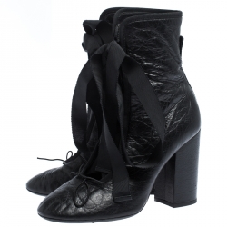 Pre Owned Valentino Black Crumpled Leather Lace Up Boots Size 37.5