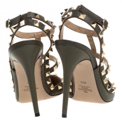 Pre Owned Valentino Green Leather Rockstud Ankle Strap Cage Sandals Size 40.5