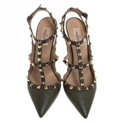 Pre Owned Valentino Green Leather Rockstud Ankle Strap Cage Sandals Size 40.5