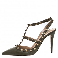 Pre Owned Valentino Green Leather Rockstud Ankle Strap Cage Sandals Size 40.5