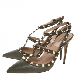 Pre Owned Valentino Green Leather Rockstud Ankle Strap Cage Sandals Size 40.5