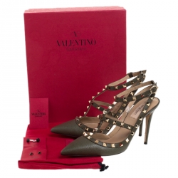 Pre Owned Valentino Green Leather Rockstud Ankle Strap Cage Sandals Size 40.5