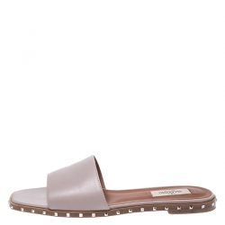 Pre Owned Valentino Pale Pink Leather Soul Rockstud Flat Slides Size 38.5