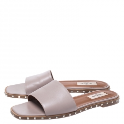 Pre Owned Valentino Pale Pink Leather Soul Rockstud Flat Slides Size 38.5