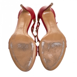 Pre Owned Valentino Red Leather Rockstud Cross Strap Sandals Size 40.5