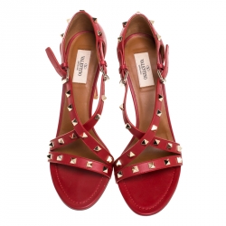 Pre Owned Valentino Red Leather Rockstud Cross Strap Sandals Size 40.5