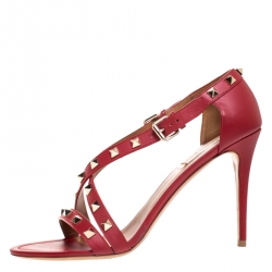 Pre Owned Valentino Red Leather Rockstud Cross Strap Sandals Size 40.5