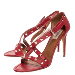 Pre Owned Valentino Red Leather Rockstud Cross Strap Sandals Size 40.5