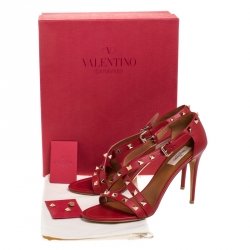 Pre Owned Valentino Red Leather Rockstud Cross Strap Sandals Size 40.5