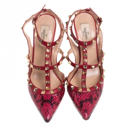 Pre Owned Valentino Red Python and Leather Rockstud Pointed Toe Sandals Size 39