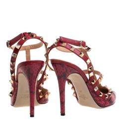 Pre Owned Valentino Red Python and Leather Rockstud Pointed Toe Sandals Size 39