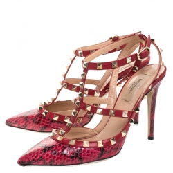 Pre Owned Valentino Red Python and Leather Rockstud Pointed Toe Sandals Size 39