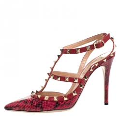 Pre Owned Valentino Red Python and Leather Rockstud Pointed Toe Sandals Size 39