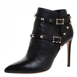 Pre Owned حذاء بوت كاحل فالنتينو بمقدمة مدببة روكستد جلد أسود مقاس 37