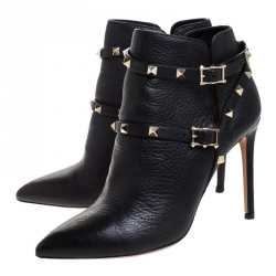 Pre Owned حذاء بوت كاحل فالنتينو بمقدمة مدببة روكستد جلد أسود مقاس 37