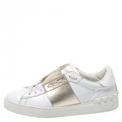 Pre Owned Valentino White/Gold Leather Open Low Top Sneakers Size 39