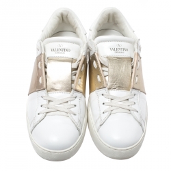 Pre Owned Valentino White/Gold Leather Open Low Top Sneakers Size 39