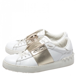 Pre Owned Valentino White/Gold Leather Open Low Top Sneakers Size 39