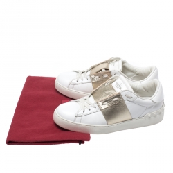 Pre Owned Valentino White/Gold Leather Open Low Top Sneakers Size 39