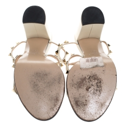 Pre Owned Valentino White Leather Rockstud Block Heel Cage Sandals Size 39.5