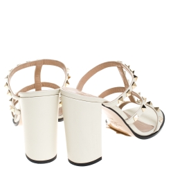 Pre Owned Valentino White Leather Rockstud Block Heel Cage Sandals Size 39.5