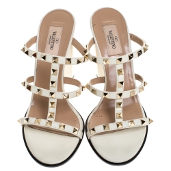 Pre Owned Valentino White Leather Rockstud Block Heel Cage Sandals Size 39.5