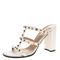 Pre Owned Valentino White Leather Rockstud Block Heel Cage Sandals Size 39.5