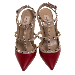 Pre Owned Valentino Red Leather Rockstud Pointed Toe Sandals Size 38.5