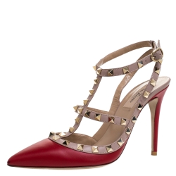 Pre Owned Valentino Red Leather Rockstud Pointed Toe Sandals Size 38.5