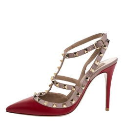 Pre Owned Valentino Red Leather Rockstud Pointed Toe Sandals Size 38.5