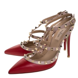 Pre Owned Valentino Red Leather Rockstud Pointed Toe Sandals Size 38.5