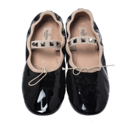 Pre Owned Valentino Black Patent Leather Rockstud Ballet Flats Size 39