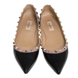 Pre Owned Valentino Black Leather Rockstud Pointed Toe Ballet Flats Size 39