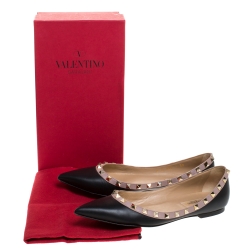 Pre Owned Valentino Black Leather Rockstud Pointed Toe Ballet Flats Size 39