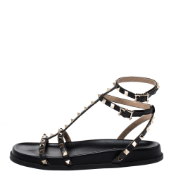 Pre Owned Valentino Black Leather Rockstud Ankle Strap Gladiator Flat Sandals Size 39.5