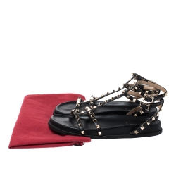 Pre Owned Valentino Black Leather Rockstud Ankle Strap Gladiator Flat Sandals Size 39.5