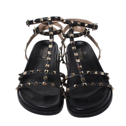 Pre Owned Valentino Black Leather Rockstud Ankle Strap Gladiator Flat Sandals Size 39.5