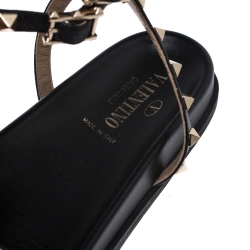Pre Owned Valentino Black Leather Rockstud Ankle Strap Gladiator Flat Sandals Size 39.5