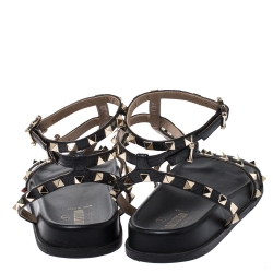 Pre Owned Valentino Black Leather Rockstud Ankle Strap Gladiator Flat Sandals Size 39.5
