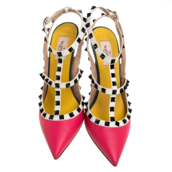 Pre Owned Valentino Pink/White Leather Rockstud Ankle Strap Sandals Size 40