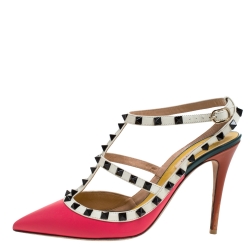 Pre Owned Valentino Pink/White Leather Rockstud Ankle Strap Sandals Size 40