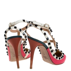 Pre Owned Valentino Pink/White Leather Rockstud Ankle Strap Sandals Size 40