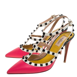 Pre Owned Valentino Pink/White Leather Rockstud Ankle Strap Sandals Size 40