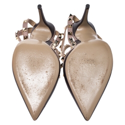 Pre Owned Valentino Brown/Beige Leather Rockstud Ankle Strap Sandals Size 39